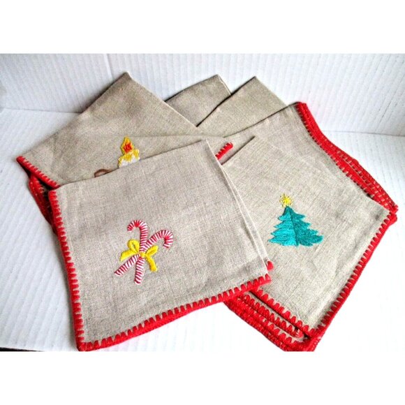 *Vintage Tan Khaki Muslin Holiday Napkins - 7 Asst Christmas Embroidered - Picture 1 of 12